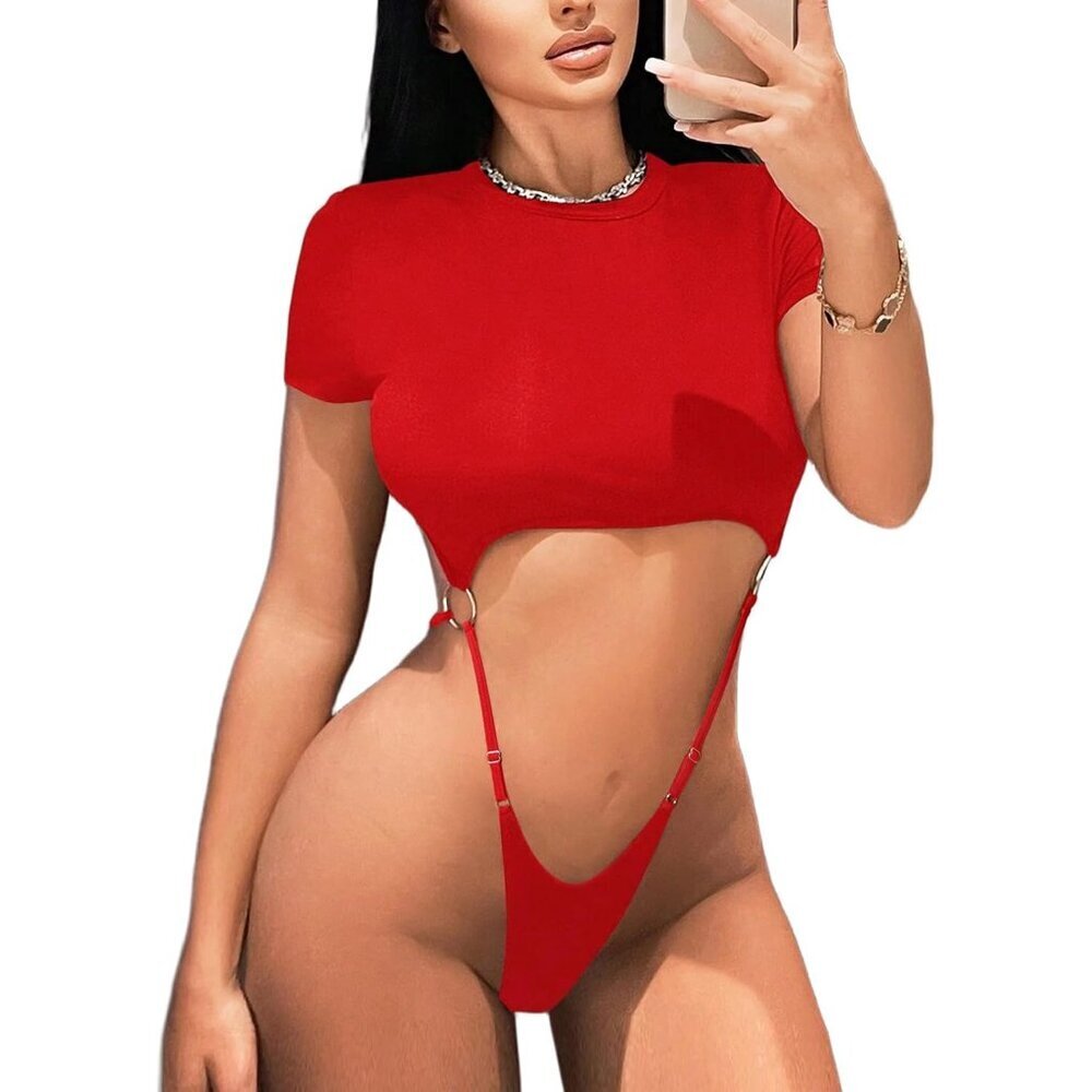 Women's Red Cut Out Lingerie Bodysuit Small Slim Fit Crop Top Short Sleeve